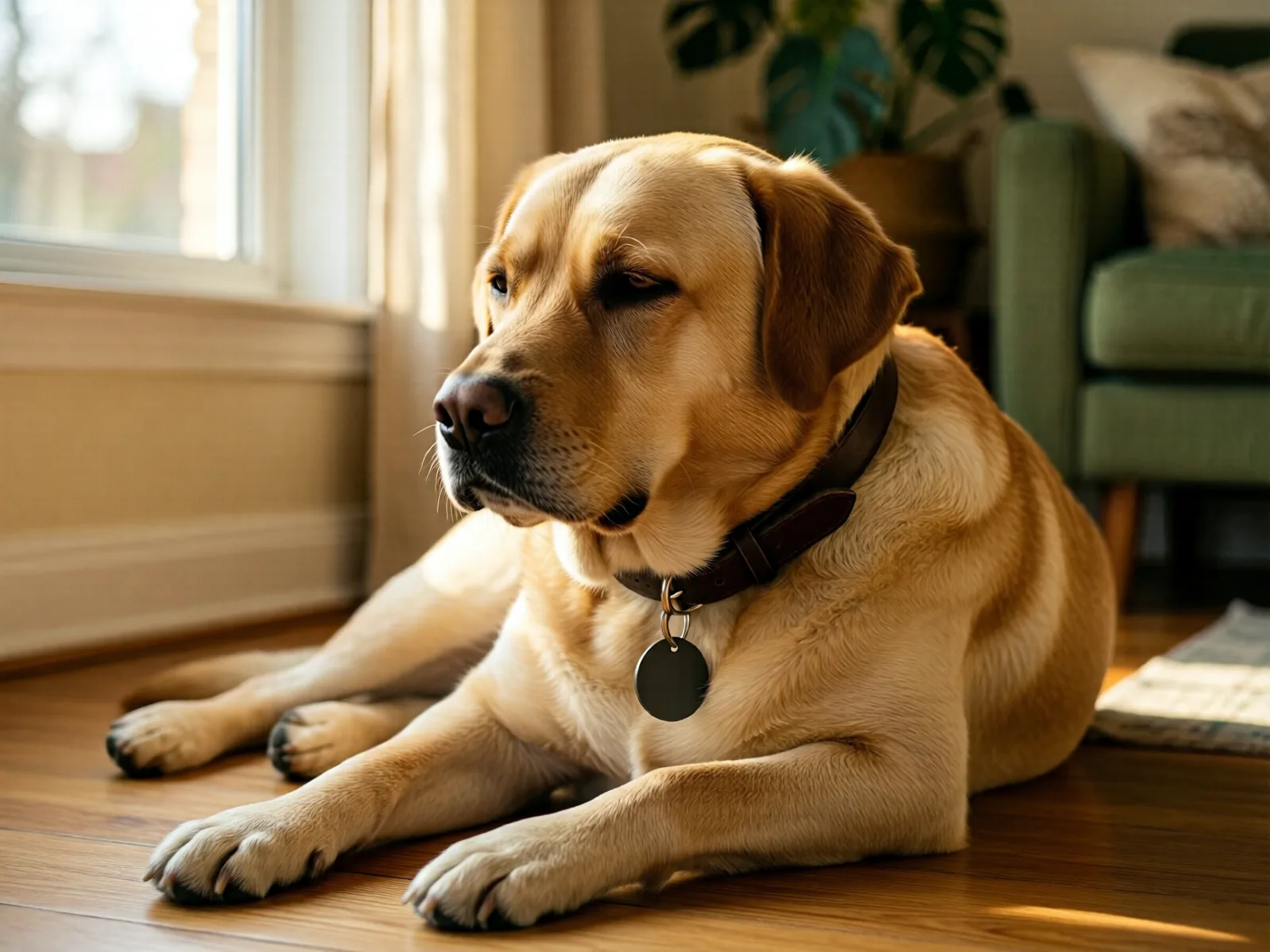 En lugn hund som vilar på en filt i mjukt inomhusljus, med en liten bricka synlig på halsbandet.