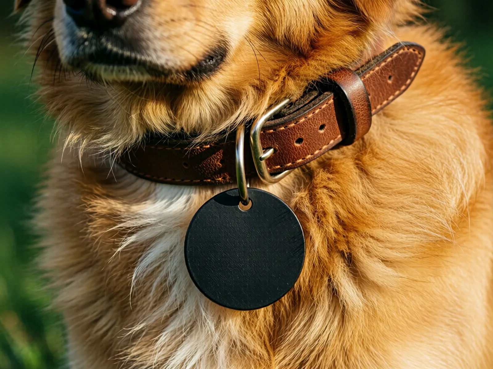 Extrem närbild på en liten rund bricka fäst vid en hunds halsband.